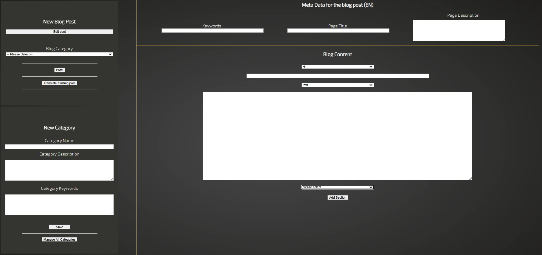 Blog Backend Eingabemaske für neue Posts