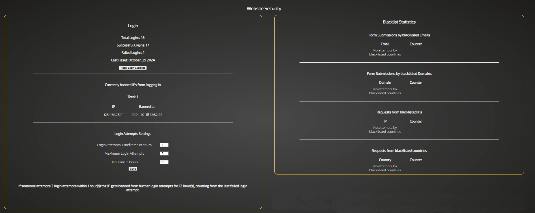 Backend Sicherheitseinstellungen für Website Funktionen